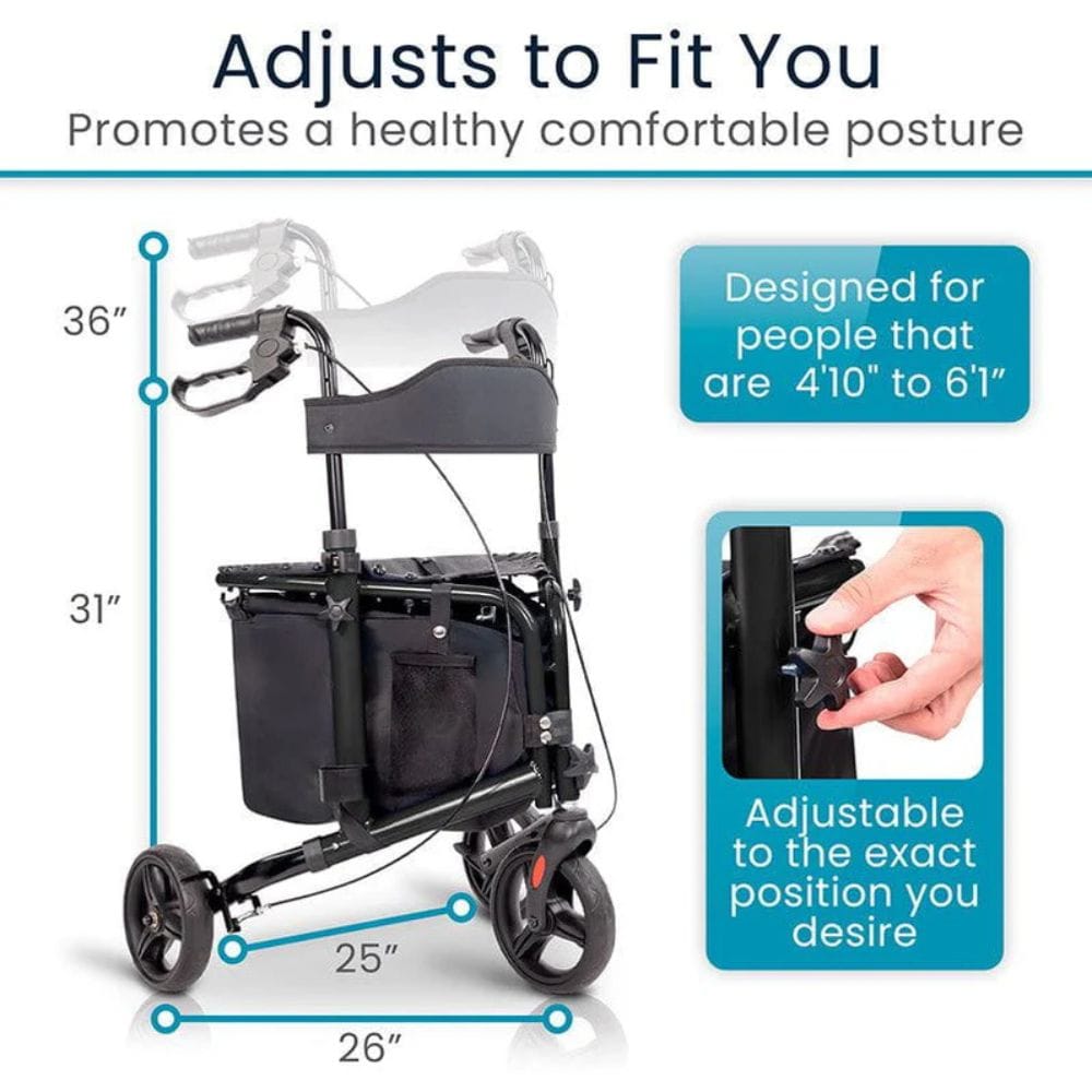 Adjustable walker with measurements and text about its features