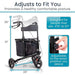 Adjustable walker with measurements and text about its features