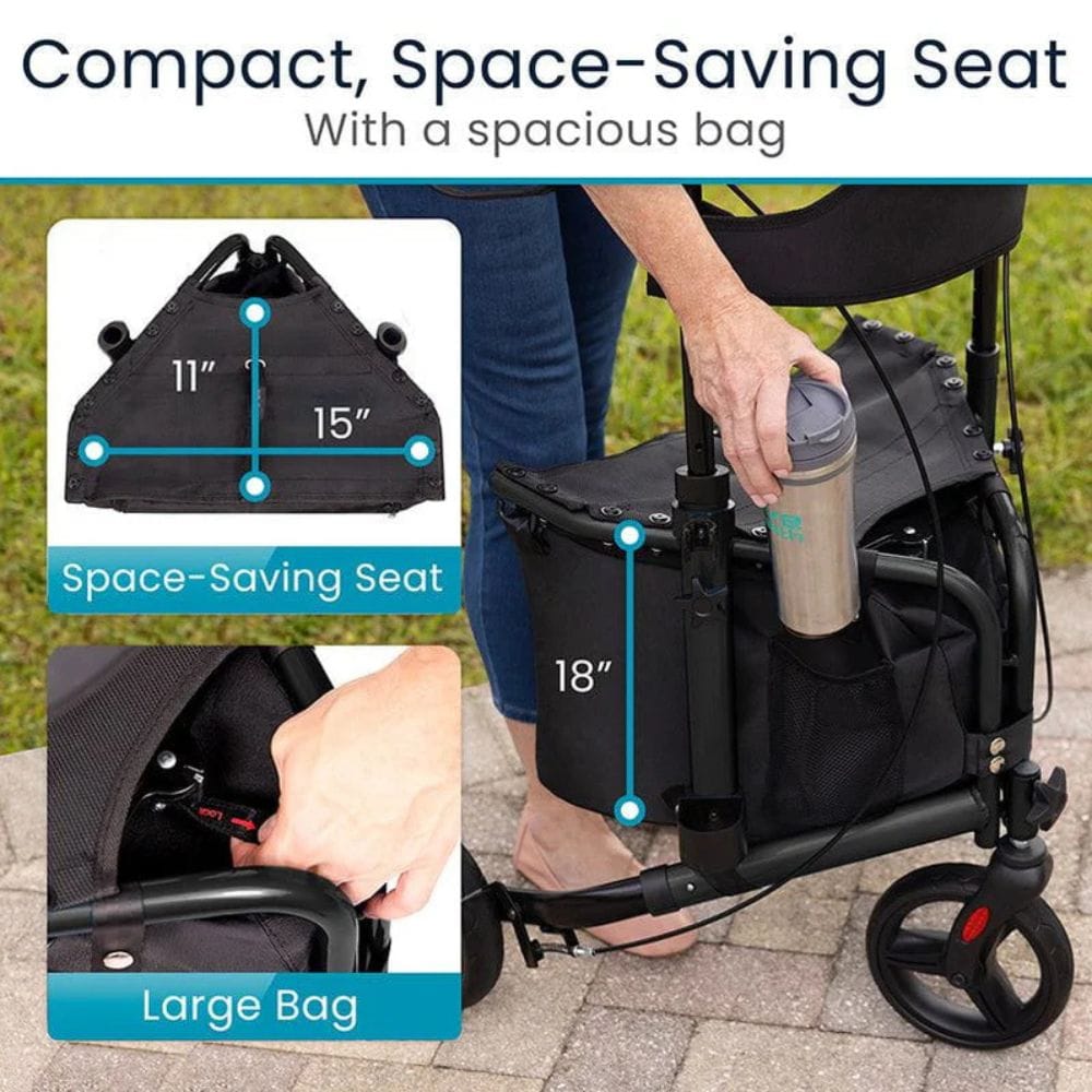 Stroller with space-saving seat and large bag, showing dimensions and usage.