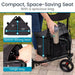 Stroller with space-saving seat and large bag, showing dimensions and usage.