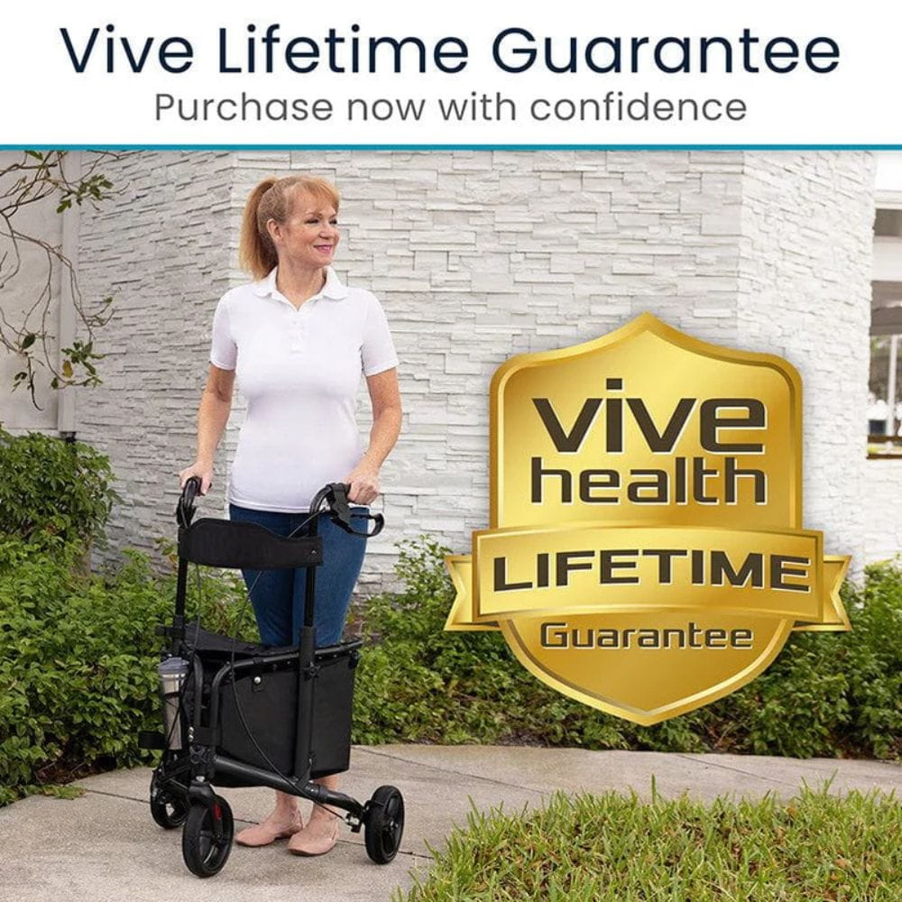 Woman using a walker with 'Vive Health' lifetime guarantee badge in front of a brick wall.