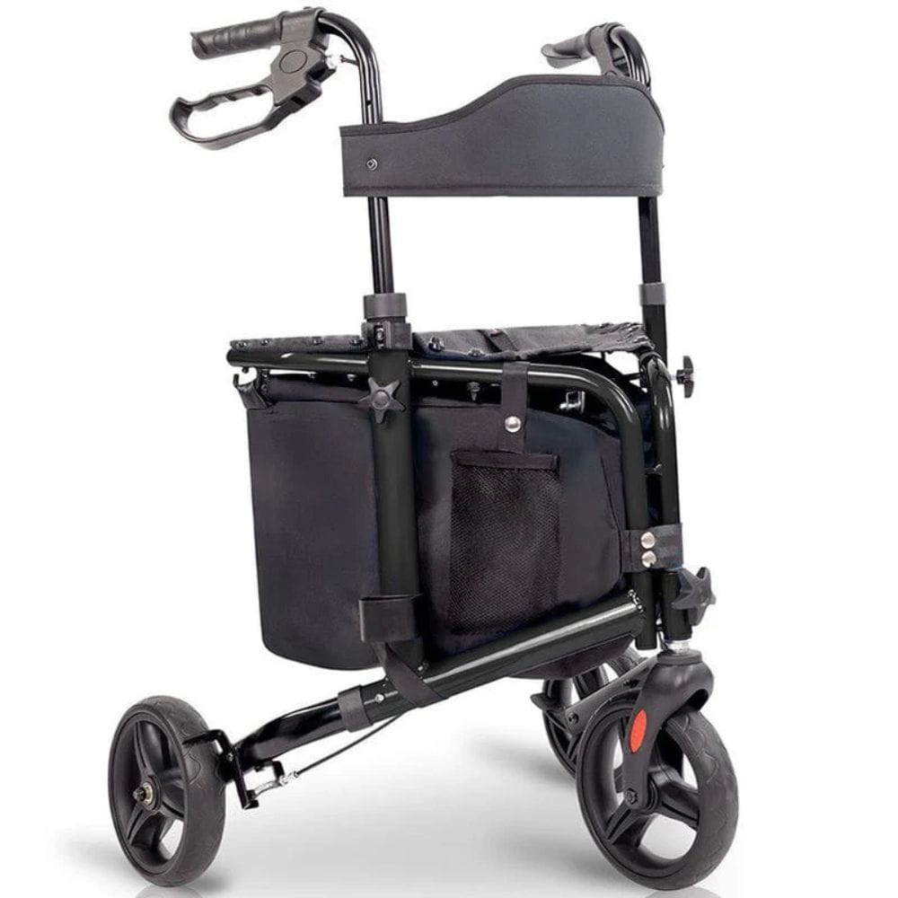 Black three-wheeled mobility device on a white background