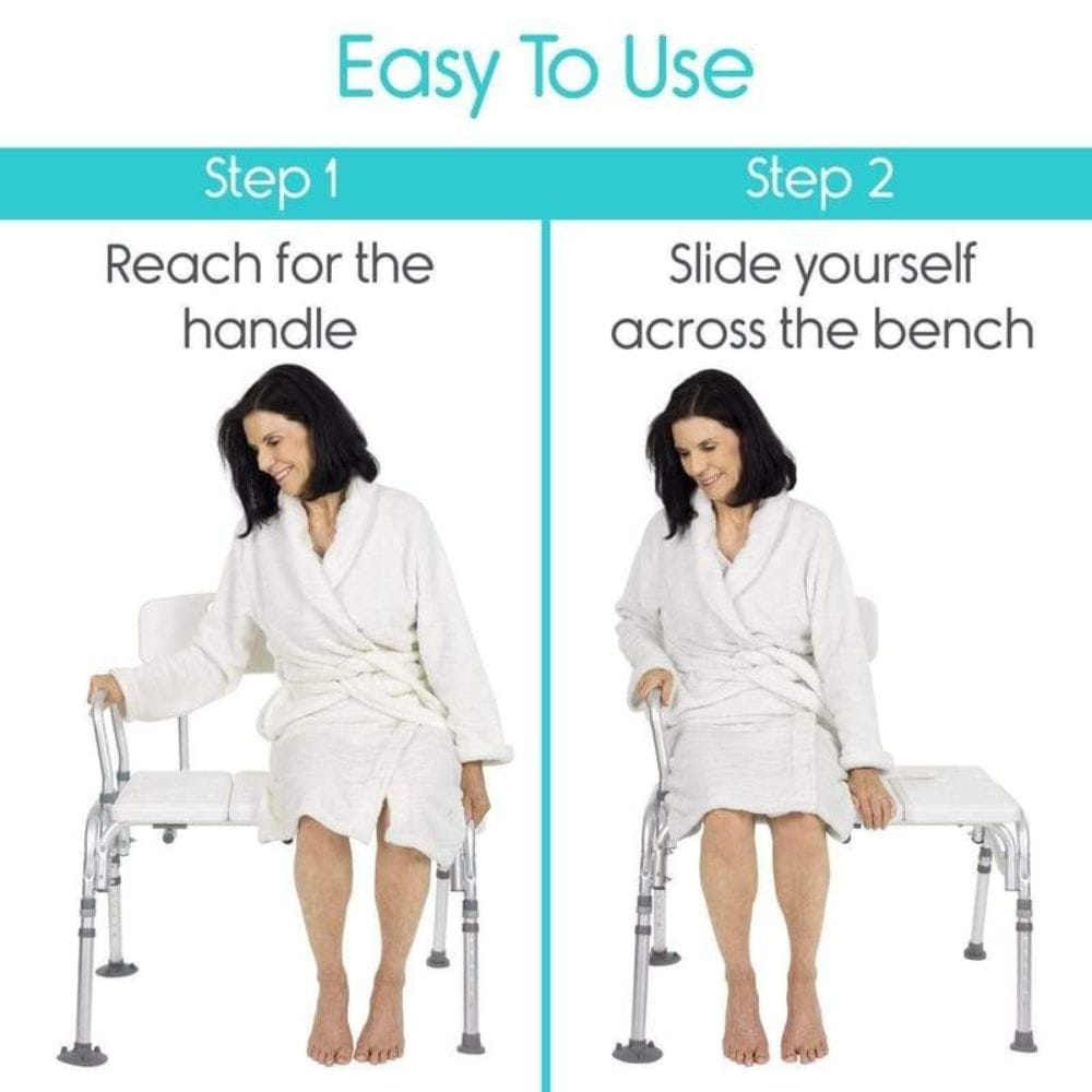 Instructions on using a transfer bench with a woman in a white robe.