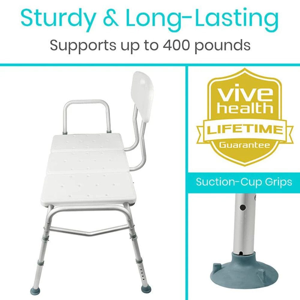 White shower chair with text highlighting its durability and support capacity, featuring the Vive Health brand.
