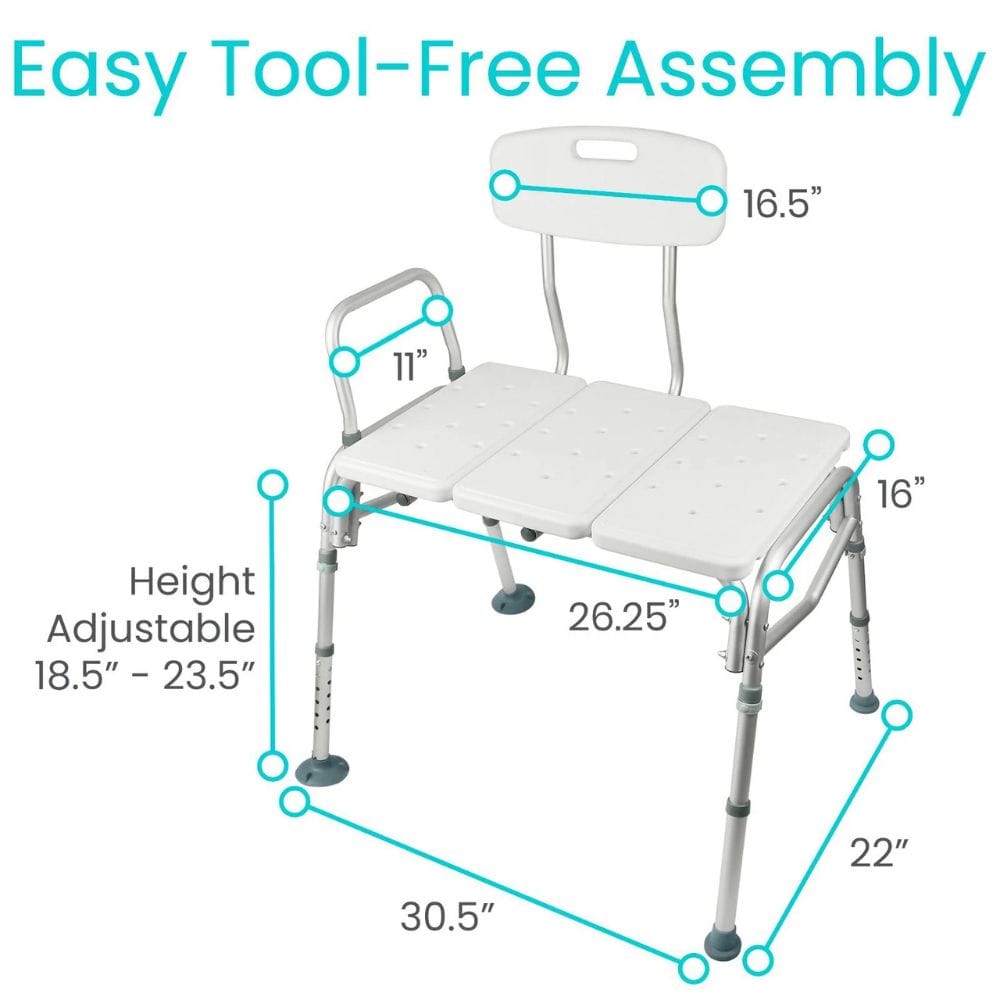 White adjustable bath chair with measurements on a white background