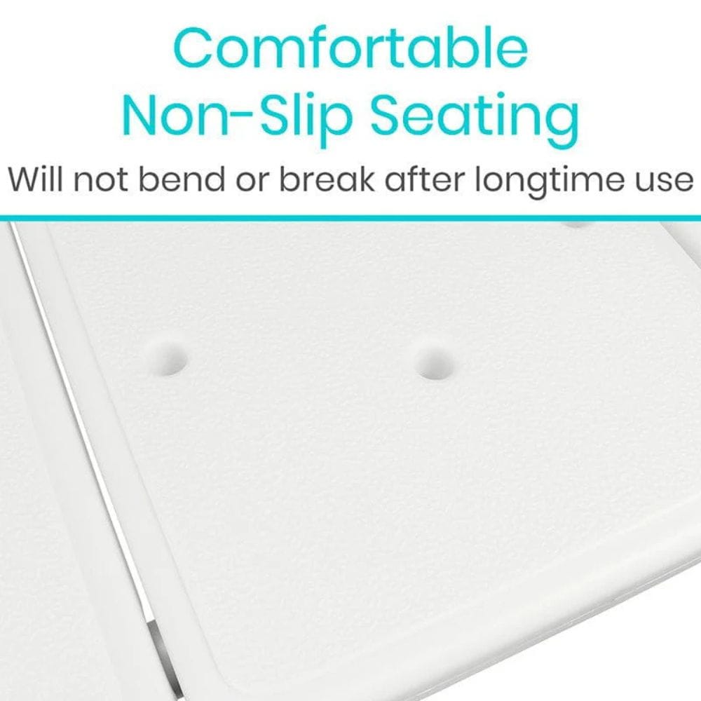 White surface with non-slip seating feature and text about durability.