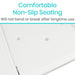 White surface with non-slip seating feature and text about durability.