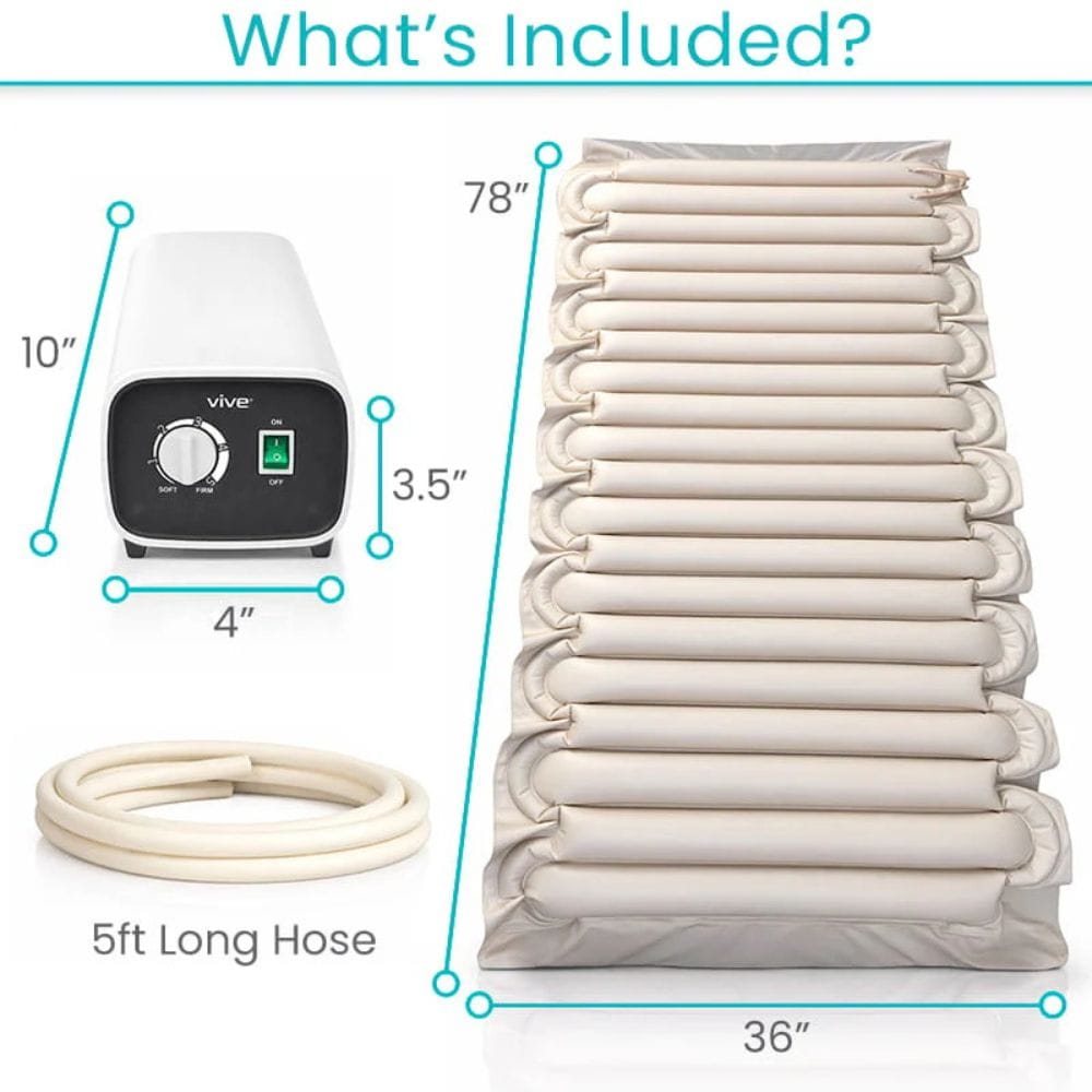 Product bundle with Vive air purifier, hose, and multiple filters with measurements.