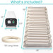 Product bundle with Vive air purifier, hose, and multiple filters with measurements.