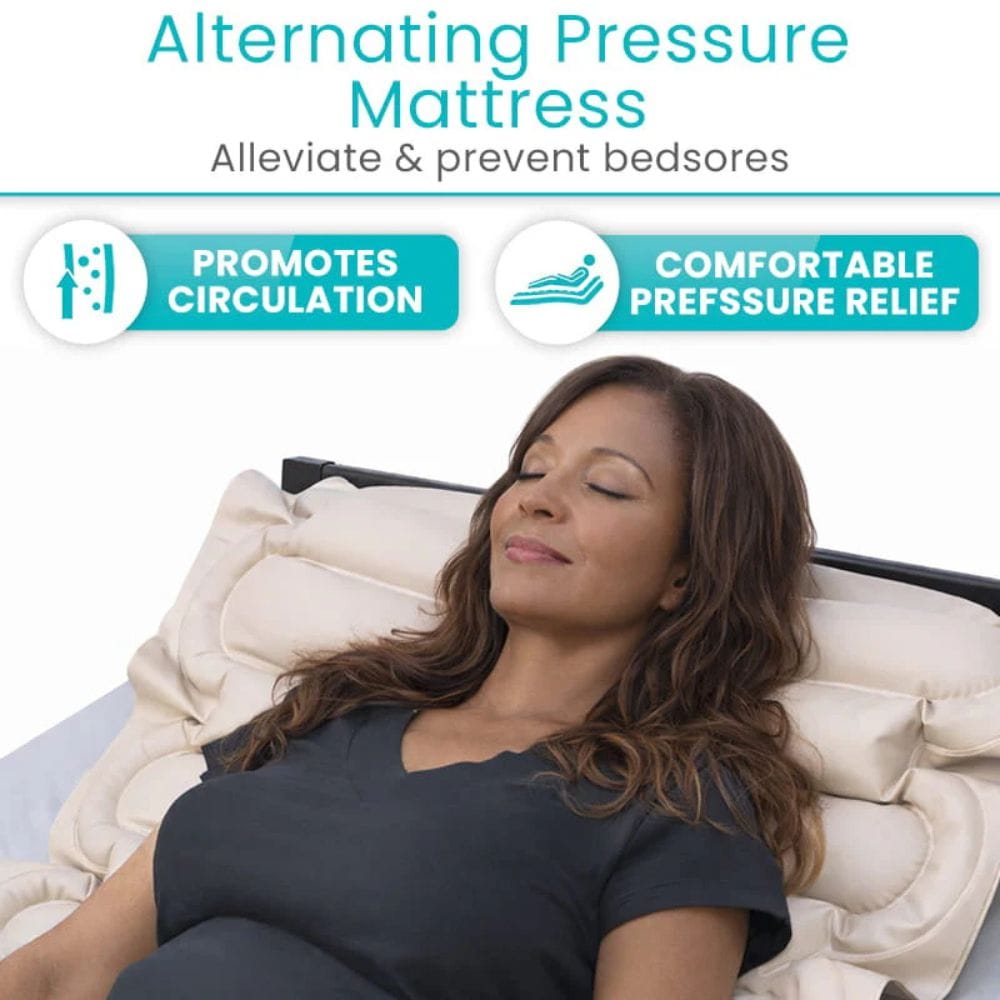 Woman lying on an alternating pressure mattress with text highlighting its benefits.