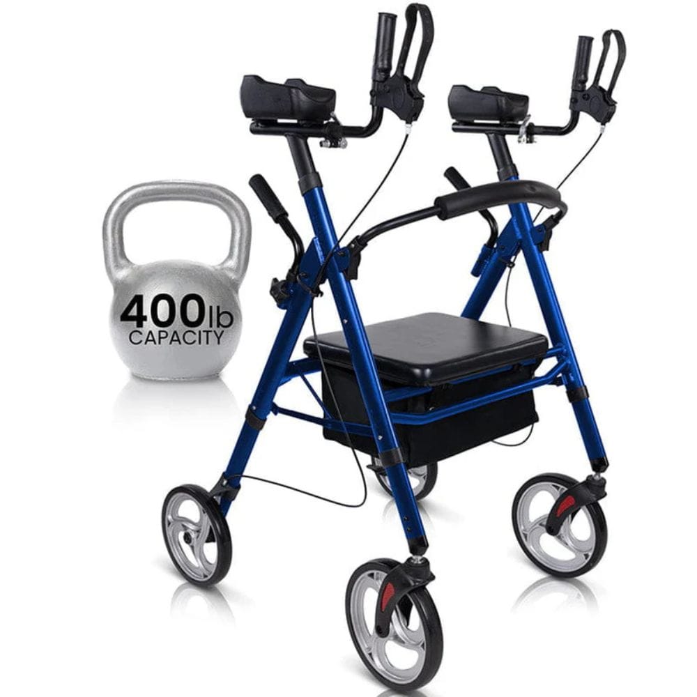 Blue walker with a black seat next to a gray kettlebell labeled '400 lb capacity' on a white background