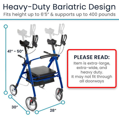 Blue walker with dimensions and weight capacity information on a white background