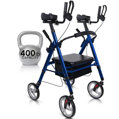 Blue walker with a black seat next to a gray kettlebell labeled '400 lb capacity' on a white background