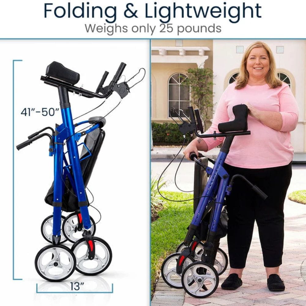 Foldable walker with measurements and a person holding it outdoors.