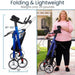 Foldable walker with measurements and a person holding it outdoors.