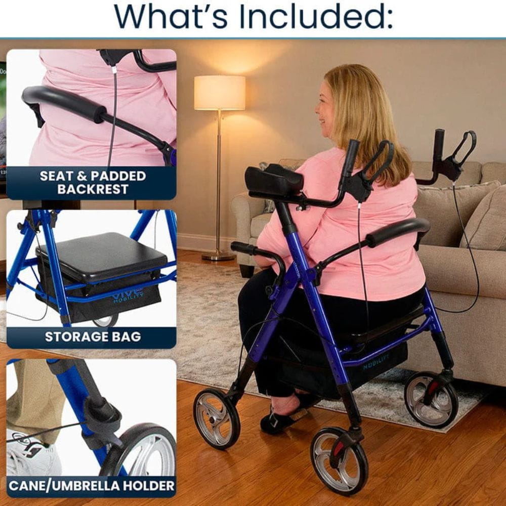 Woman using a walker with features highlighted, including a seat, padded backrest, storage bag, and cane/umbrella holder.