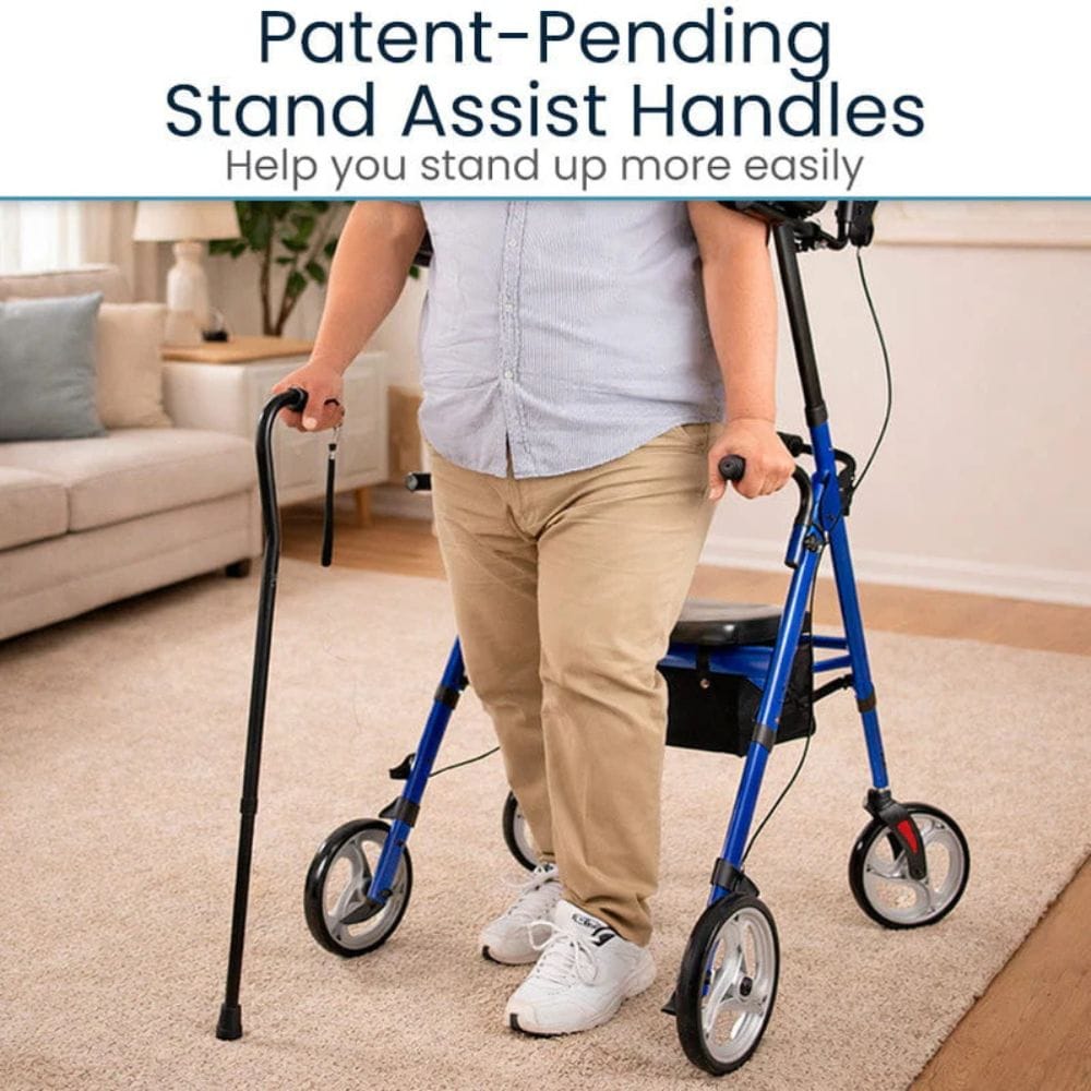 Person using a walker with stand assist handles in a living room setting