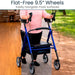 Blue walker with flat-free 9.5" wheels being used on a wooden floor and outdoor path.