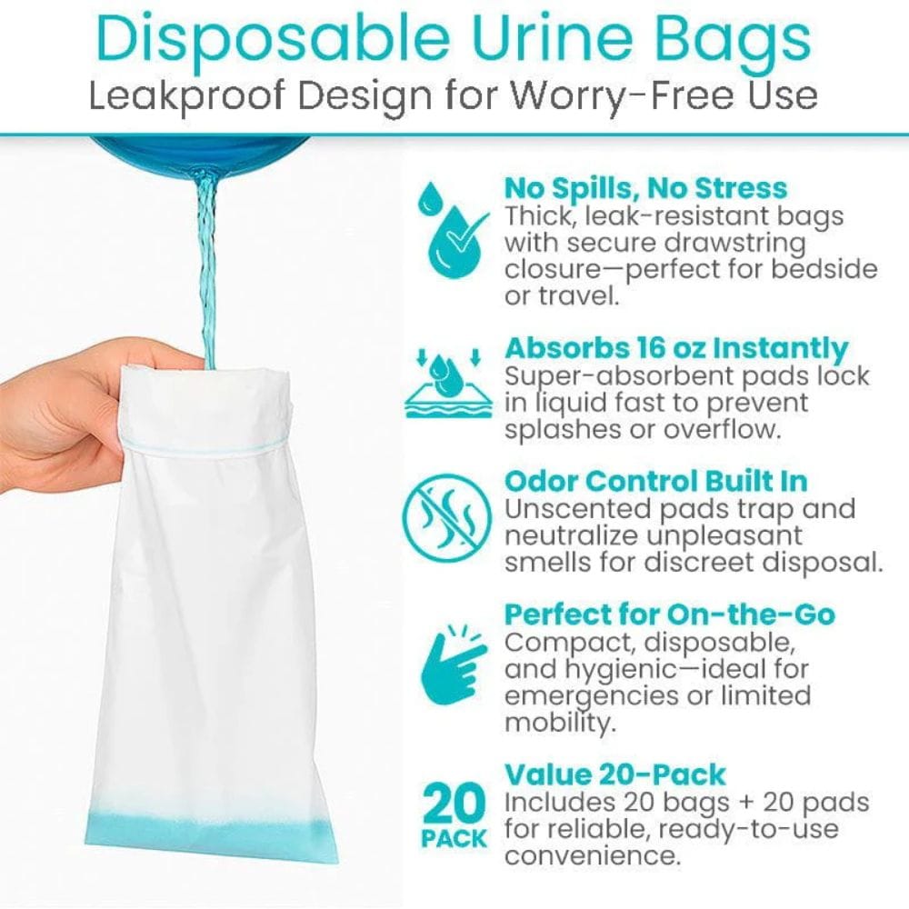 Disposable urine bags with features listed on a white background