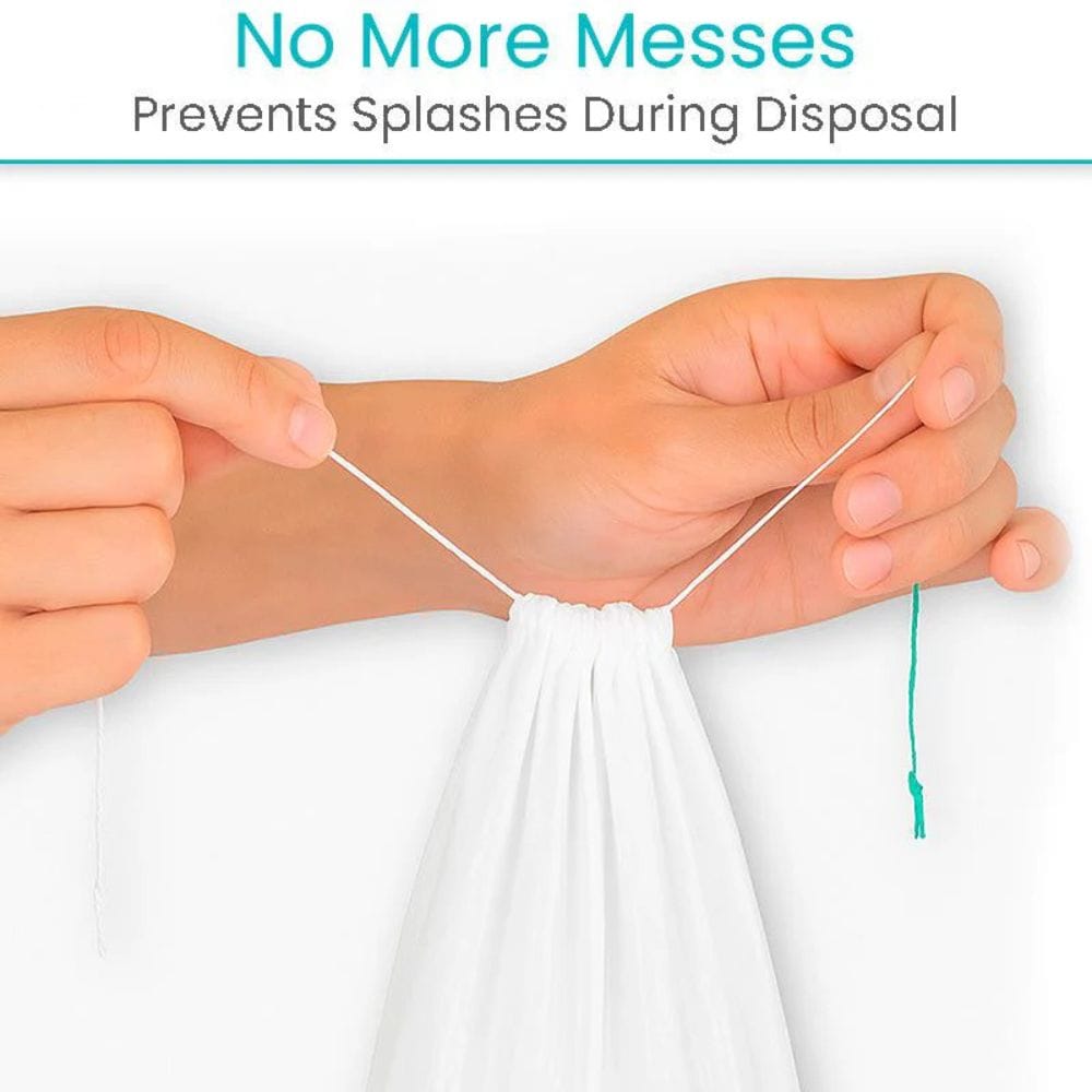Hands tying a white drawstring bag with text 'No More Messes Prevents Splashes During Disposal' on a light gray background.