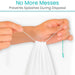 Hands tying a white drawstring bag with text 'No More Messes Prevents Splashes During Disposal' on a light gray background.