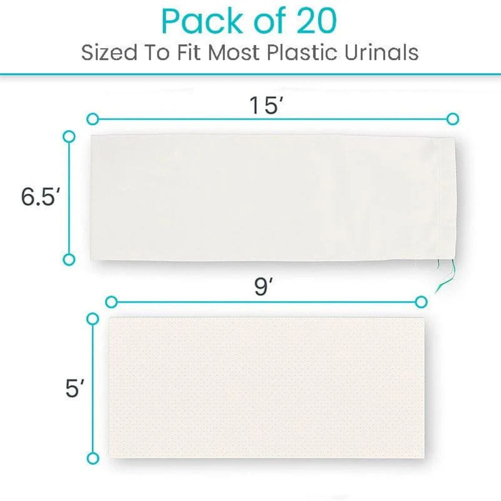 Packaging dimensions of a product for fitting most plastic urinals, labeled 'Pack of 20'.