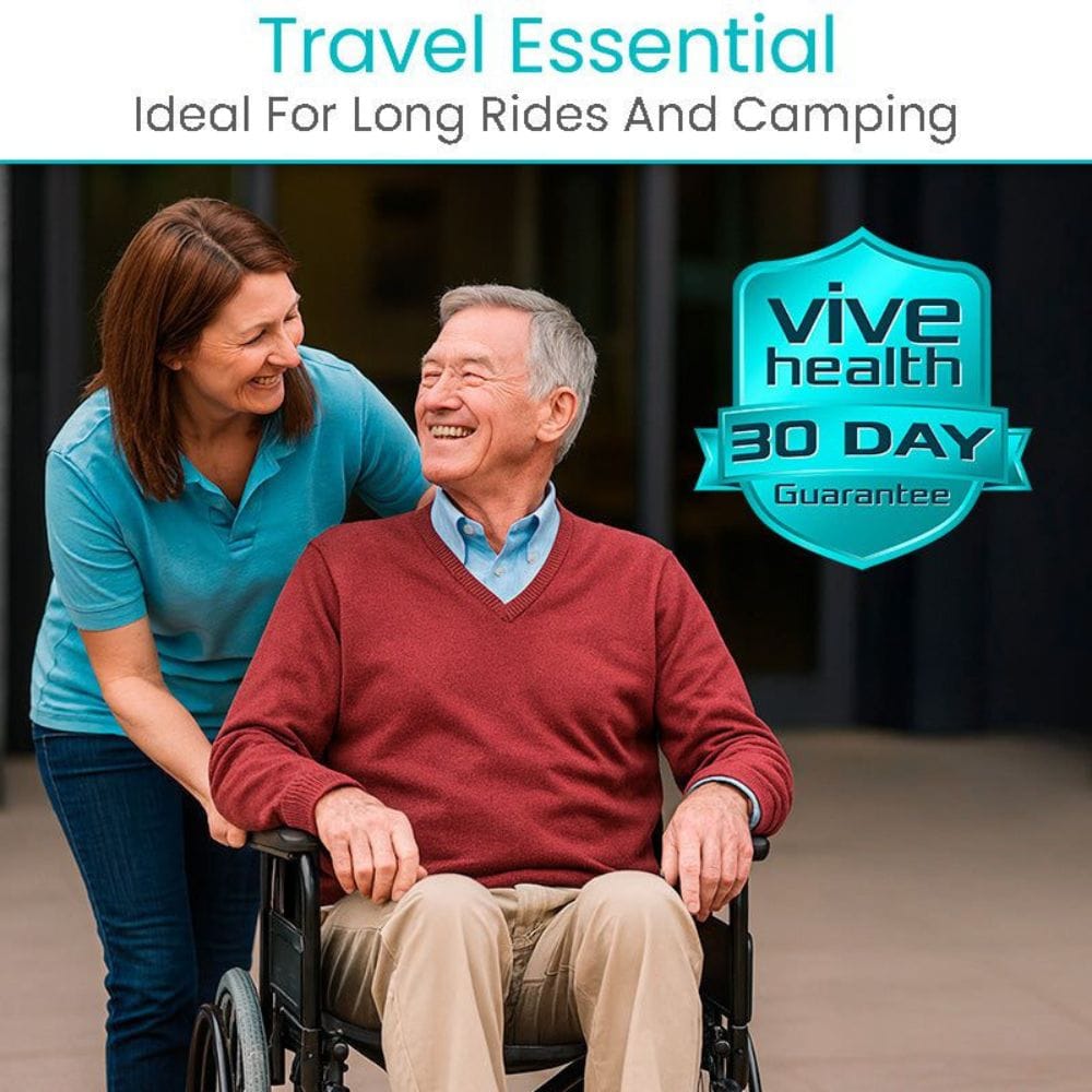 Woman pushing an elderly man in a wheelchair with 'Vive Health' branding and text about travel essentials.