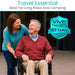 Woman pushing an elderly man in a wheelchair with 'Vive Health' branding and text about travel essentials.