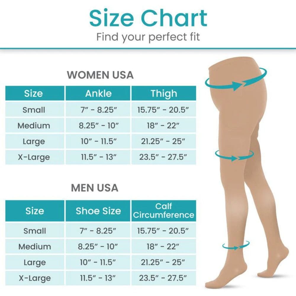 Size chart for women and men with measurements for ankle, thigh, and shoe size.