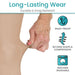 Hand holding leg with text 'Long-Lasting Wear' and icons indicating durability, snag resistance, shape retention, and machine washability.