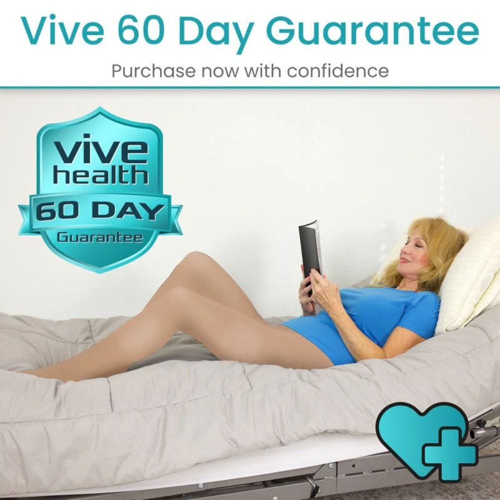 Woman lying on a bed reading a book with 'Vive Health 60 Day Guarantee' text above her.