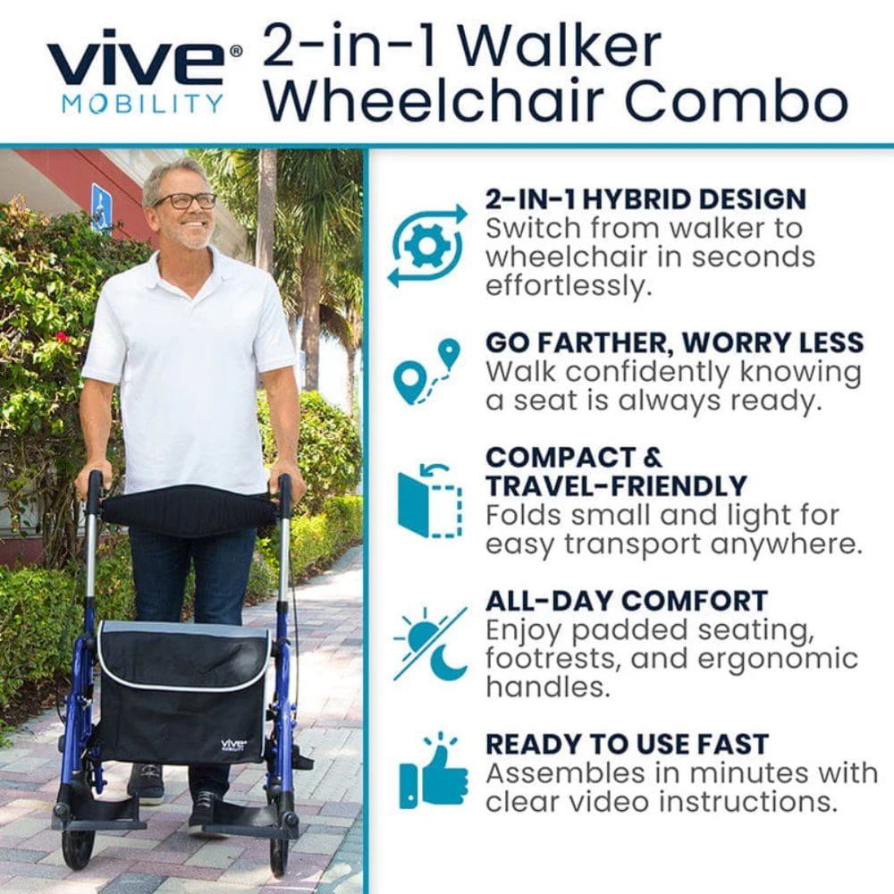 Vive Mobility 2-in-1 Walker Wheelchair Combo with features listed on the right