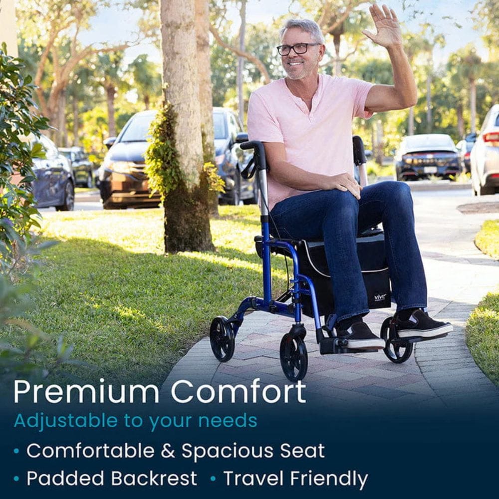 Man using a mobility scooter on a sidewalk with text about comfort features.