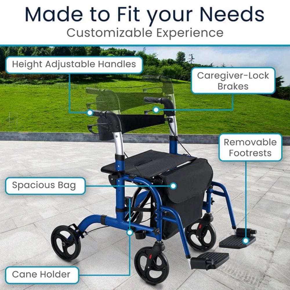 Blue rollator with features highlighted on a paved path with grass in the background