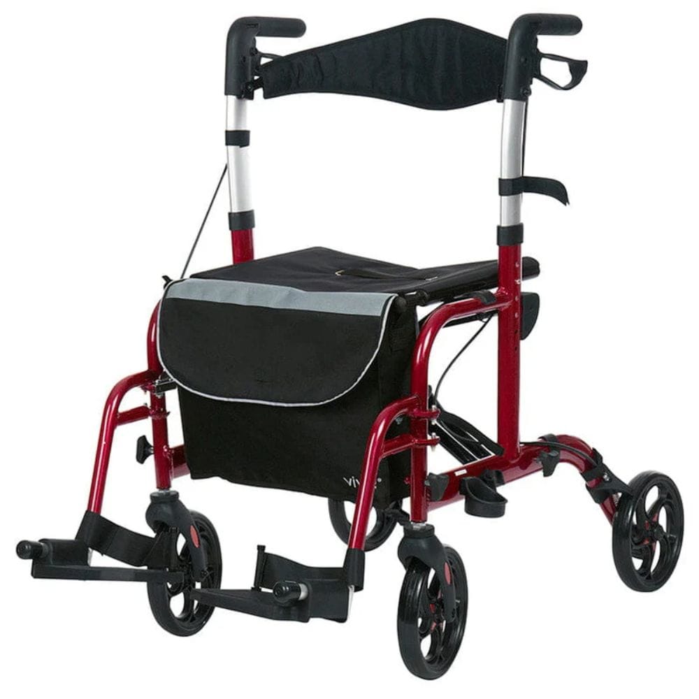 Red and black walker with a bag on a white background