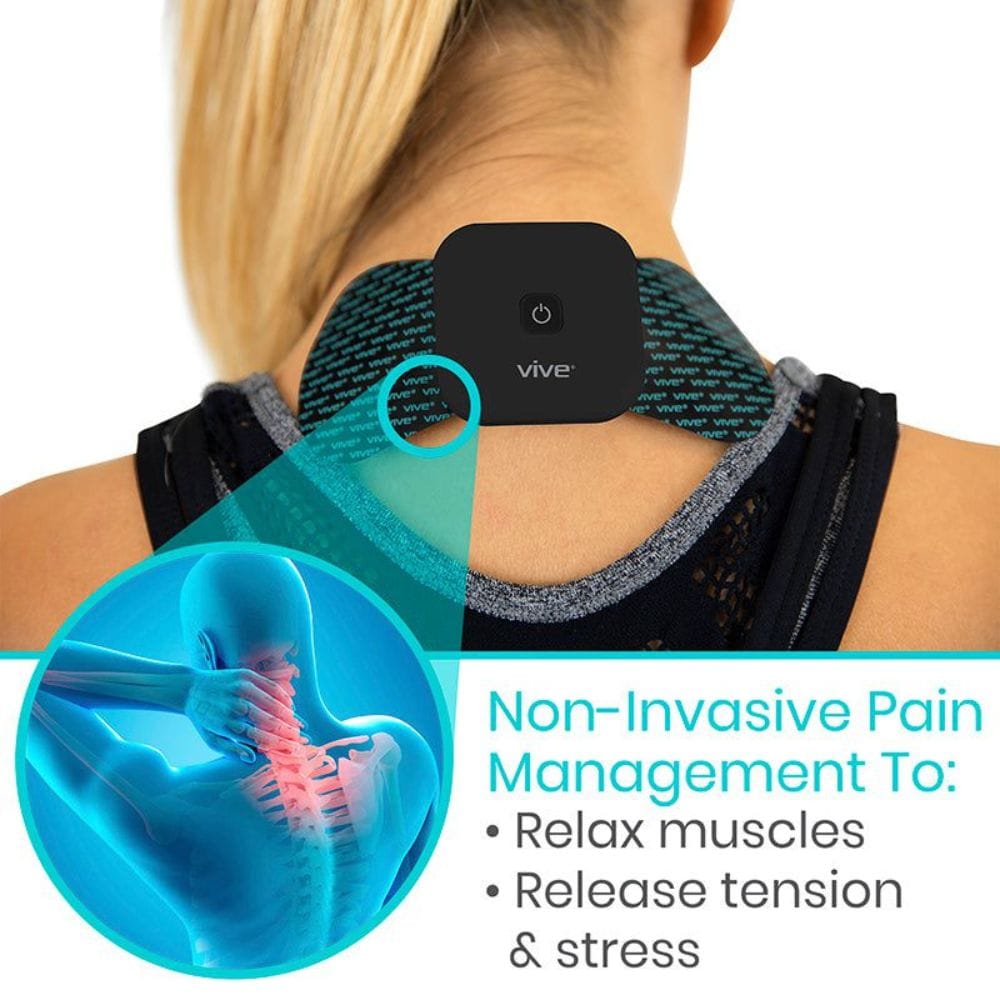 Person wearing a Vive device on their neck with text about non-invasive pain management.