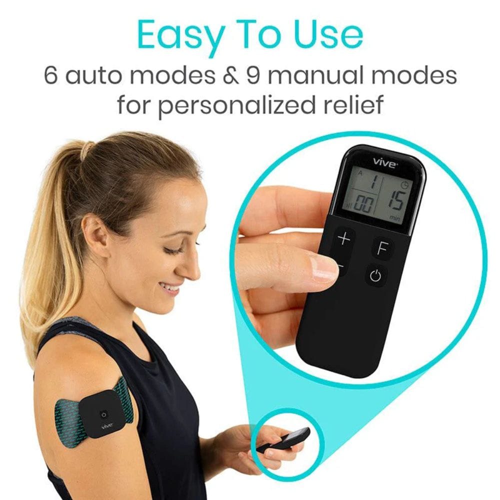 Woman using an electronic device on her shoulder with text about auto and manual modes for personalized relief.