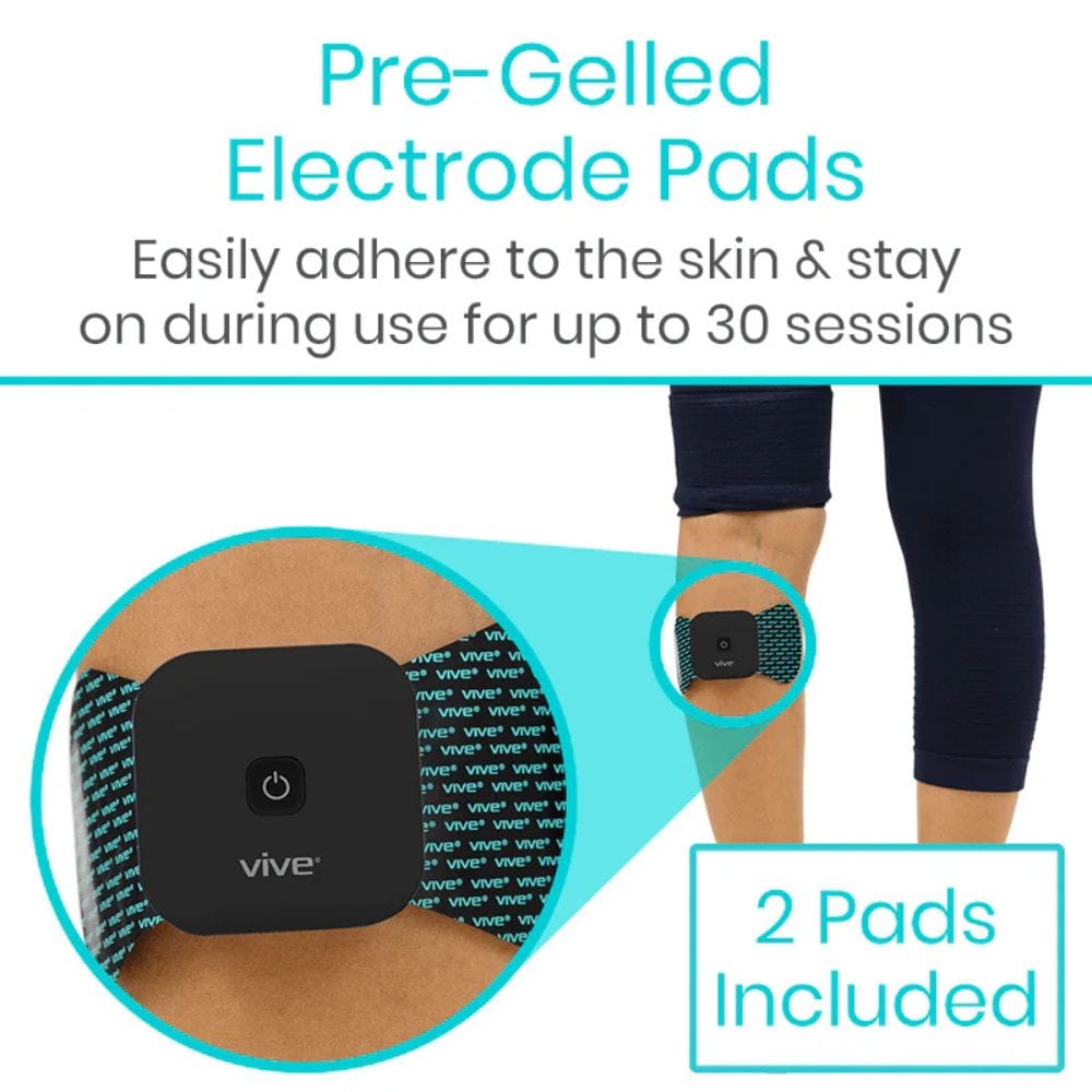 Pre-gelled electrode pads with 'Vive' branding on a person's arm, showing text about adhesion and usage duration.