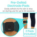 Pre-gelled electrode pads with 'Vive' branding on a person's arm, showing text about adhesion and usage duration.