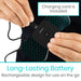 Person plugging a charging cord into a device with text about a long-lasting battery and included charging cord.