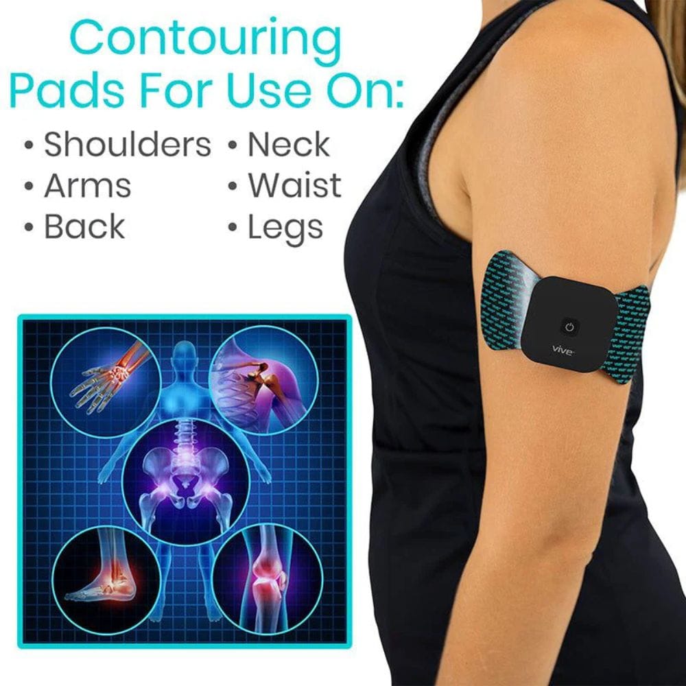 Person wearing a contoured pad on their arm with product usage information displayed.