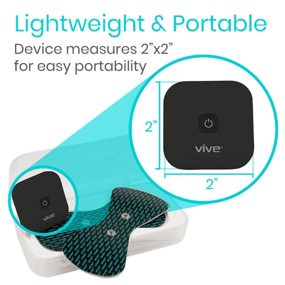 Vive device with dimensions indicating its portability on a white background