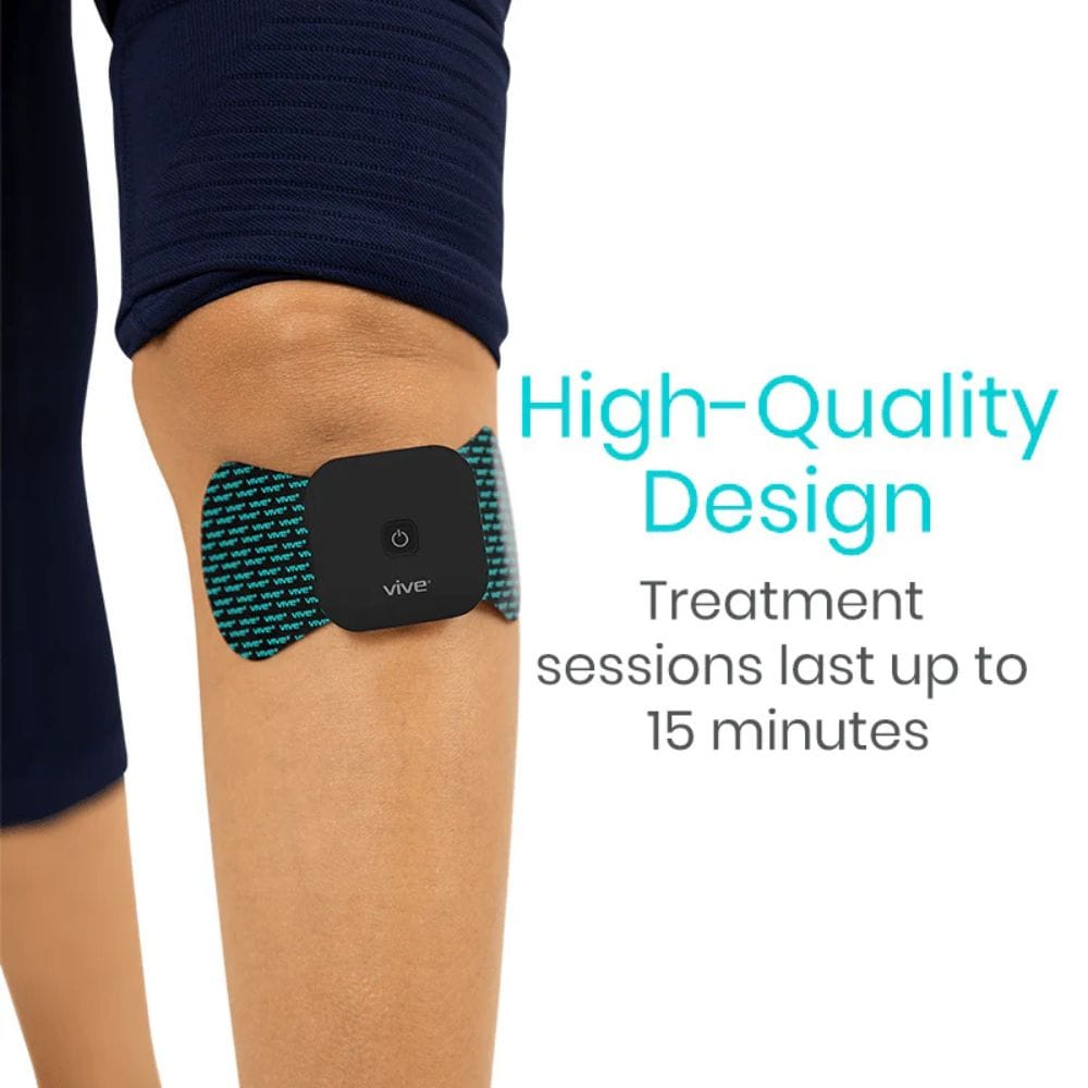Person wearing a Vive device on their leg with text about high-quality design and treatment duration.