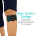 Person wearing a Vive device on their leg with text about high-quality design and treatment duration.
