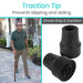 Man using a cane with traction tips on a sidewalk, showing text about grip and prevention of slipping.