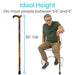 Man holding a walking cane with measurement details on a white background