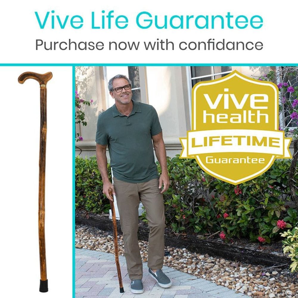 Man holding a walking cane with 'Vive Health' branding and lifetime guarantee promise.