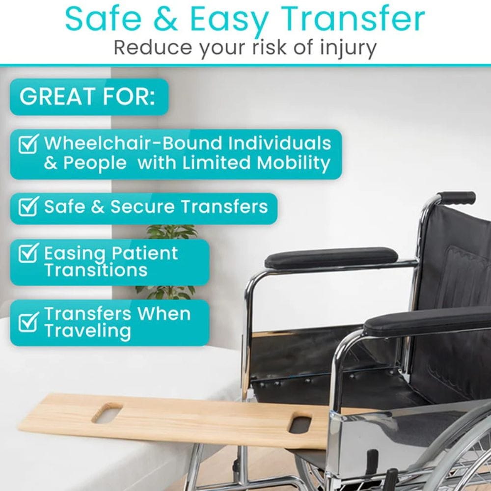Wheelchair with transfer board and text highlighting benefits on a white background