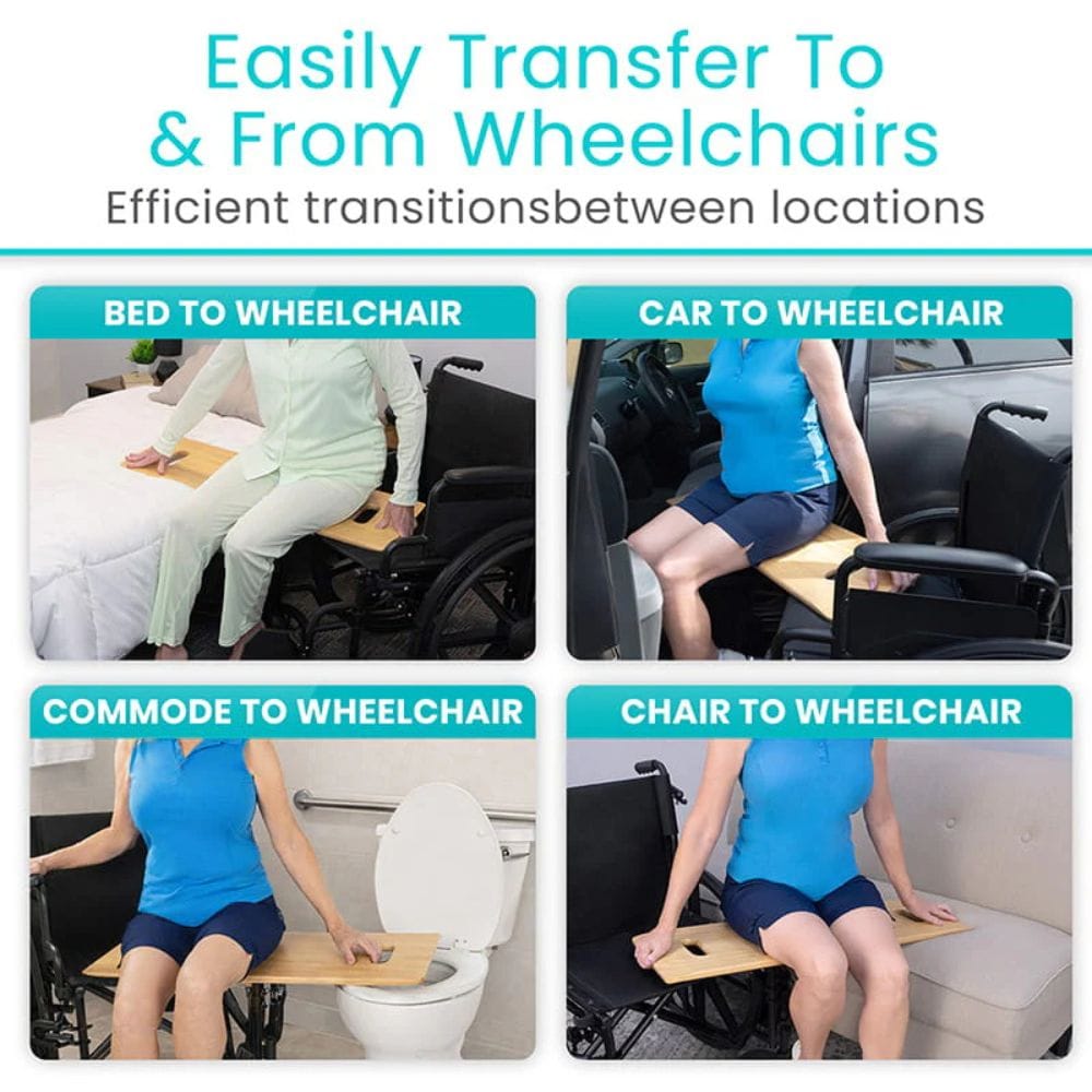 Product demonstration of transferring between various locations using a transfer board, with text indicating ease of use.