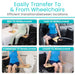 Product demonstration of transferring between various locations using a transfer board, with text indicating ease of use.